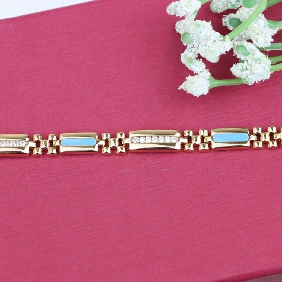 "Elegant Rose Gold Bracelet with Blue Enamel and CZ Accent Links, XPBL0738 - Picture 11 of 12